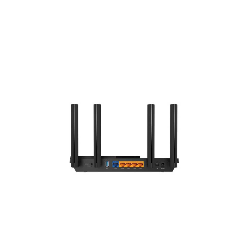 Close-up of the Tp-Link Archer AX55 connectivity ports and indicators